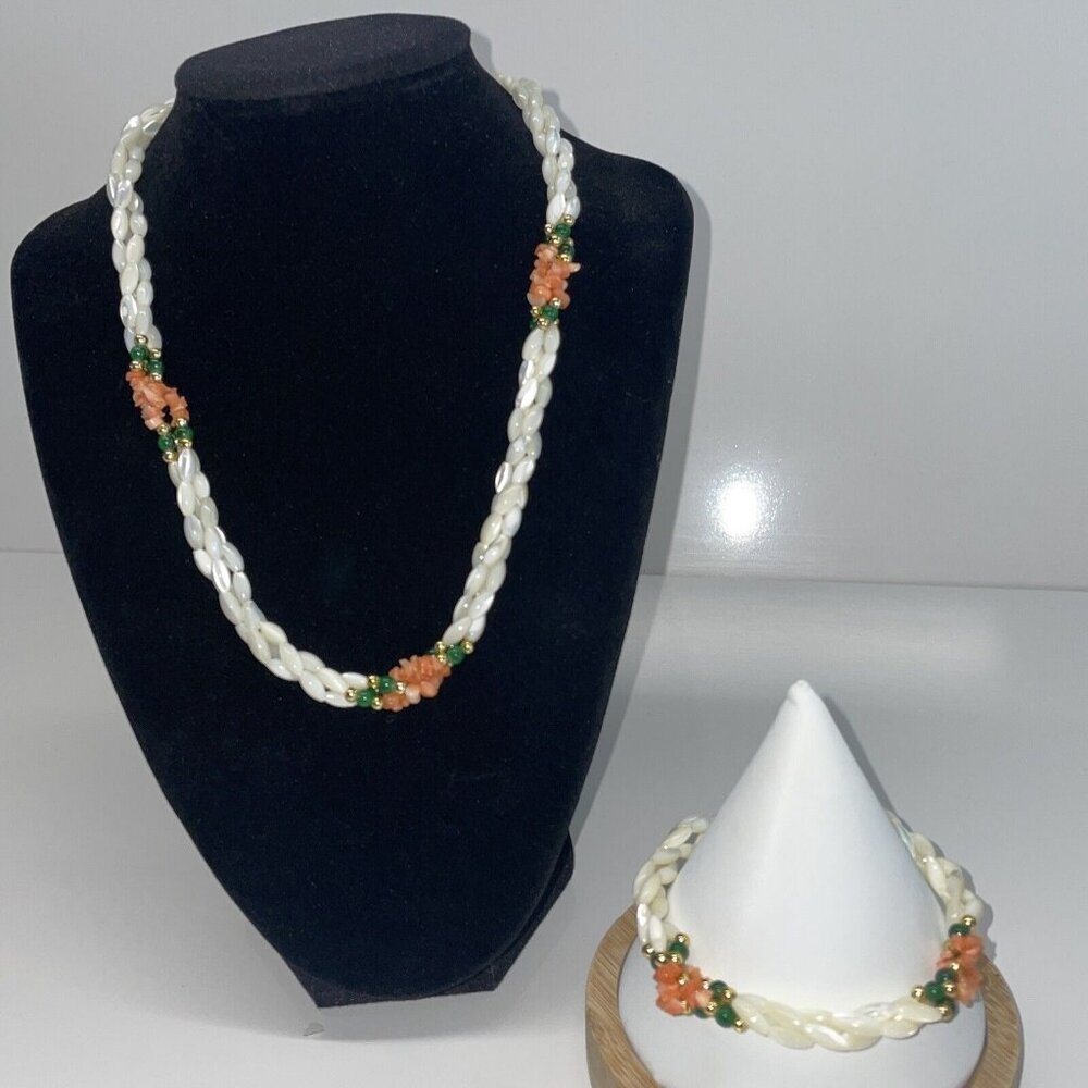 VTG‎ Muli-Strand Rice Twisted Mother of Pearl Jade Coral Necklace & Bracelet N6